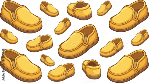 Cartoon yellow shoes size set, footwear comparison illustration, scattered loafers pattern, kids learning visual aid - flat vector illustration