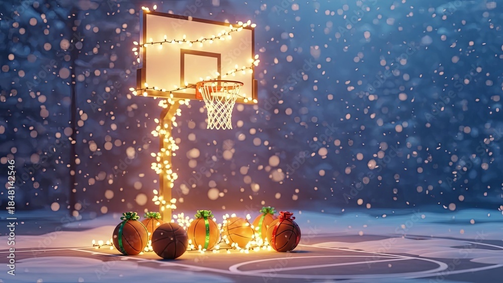 Obraz premium Basketball hoop decorated with Christmas lights on a snowy outdoor court with gift-wrapped basketballs. Winter holiday sports gift concept.