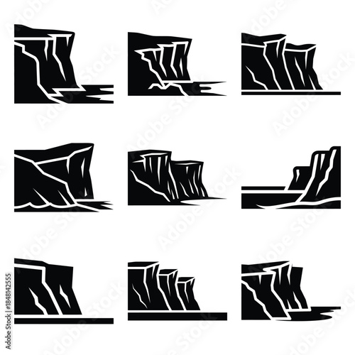 coastal cliff silhouette icon set