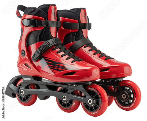 Red inline skates with black accents 
