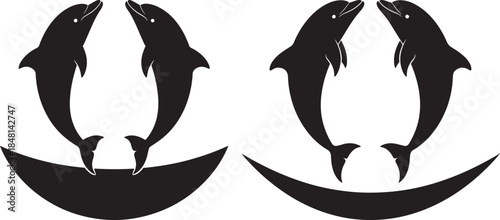 Symmetrical design featuring a pair of leaping black dolphin silhouettes facing each other