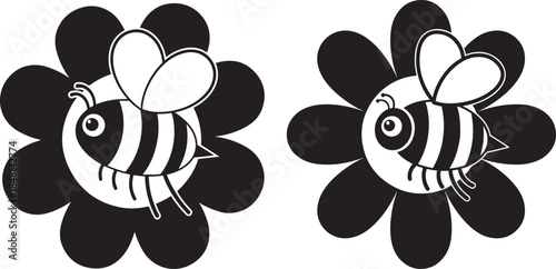 Simple black and white illustration of cute cartoon bees on silhouette flowers
