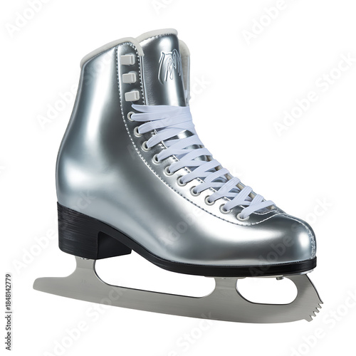 A single, silver, glittery figure ice skate with laces and a blade, isolated on a transparent background, symbolizing winter sports and performance 

