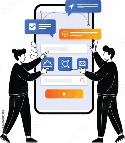 Two people interacting with a large smartphone screen displaying app icons and messages