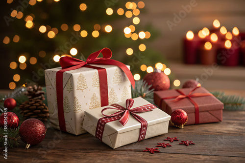 Elegant Christmas gift boxes wrapped in brown paper with red ribbons, arranged on a wooden table with festive lights, candles, and evergreen decorations creating a warm holiday atmosphere.