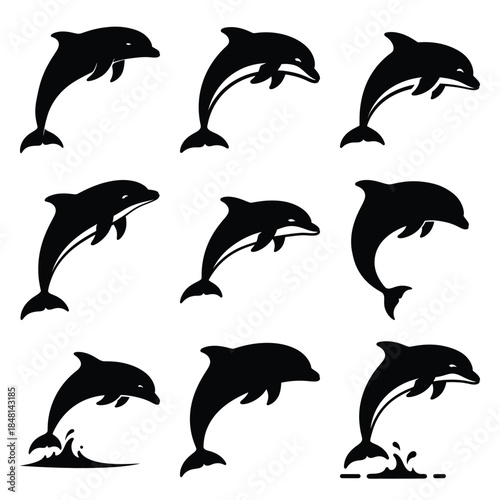 jumping dolphin silhouette icon set