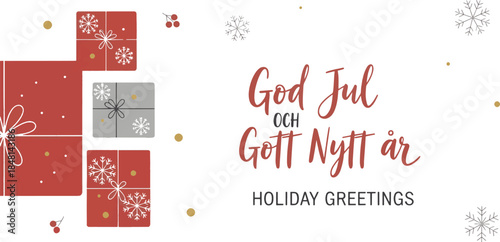 Swedish Christmas Greeting Card with Text God Jul och Gott Nytt år and Red Gift Boxes Vector Illustration