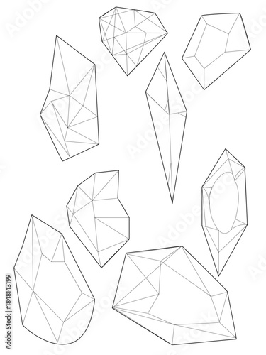 Set of geometric black outline crystals. Natural uncut crystals. Vector illustration isolated on white background. Alternative medicine, magic, crystal healing, astrology, horoscope, line icons