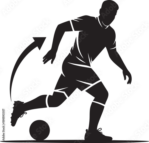 Soccer player dribbling ball with motion arrow, dynamic football action silhouette, modern black and white vector