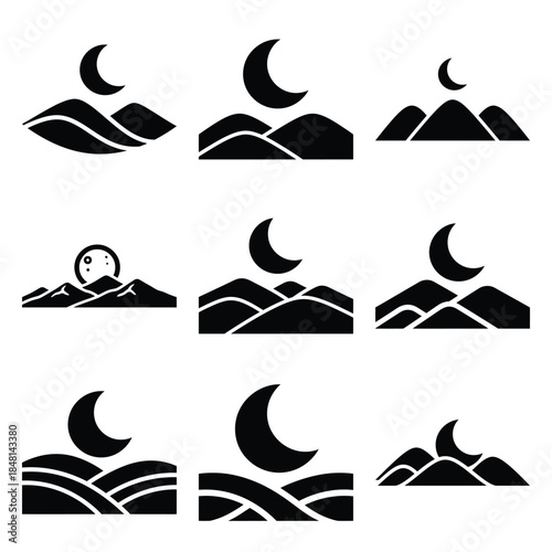 moon over hills icon set