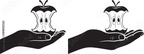 A black and white vector illustration of a hand holding an apple core