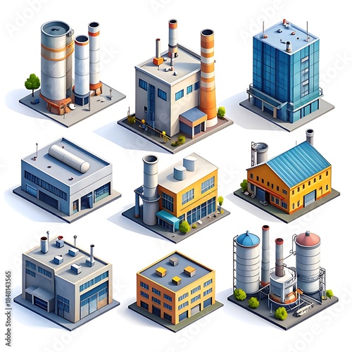 Isometric illustrations of various industrial buildings, each unique in style and design, placed on a white background