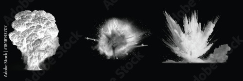 Realistic white explosion vector set. Bomb blast and smoke clouds