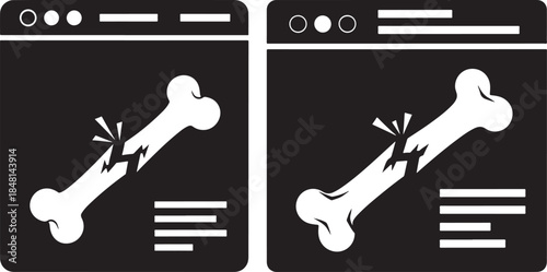 Black and white icon showing a fractured bone on a digital screen