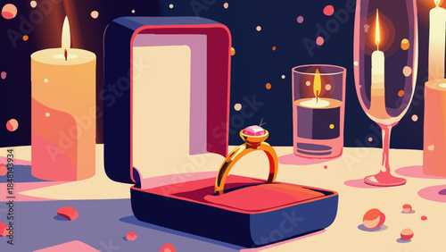 Engagement Ring in Velvet Box on Candlelit Dinner Table Vector Illustration