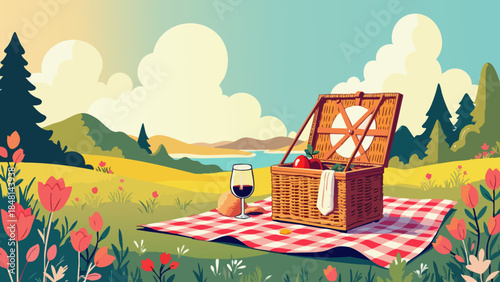 Romantic Picnic Basket in a Sunny Meadow Vector Illustration
