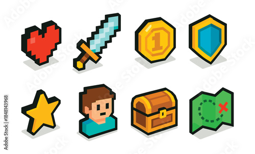 Retro video game pixel art icons set