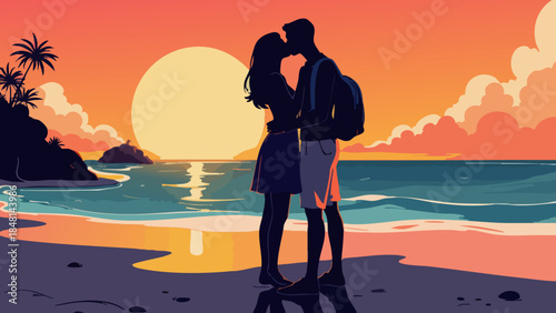 Silhouette of a couple kissing on a beach at sunset vector illustration
