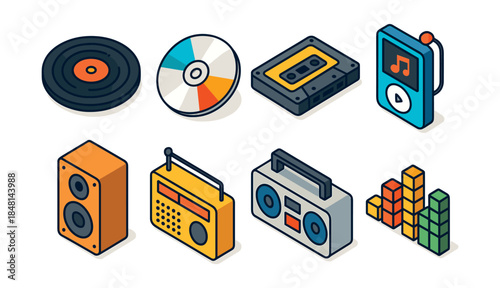 Audio and music isometric icons set