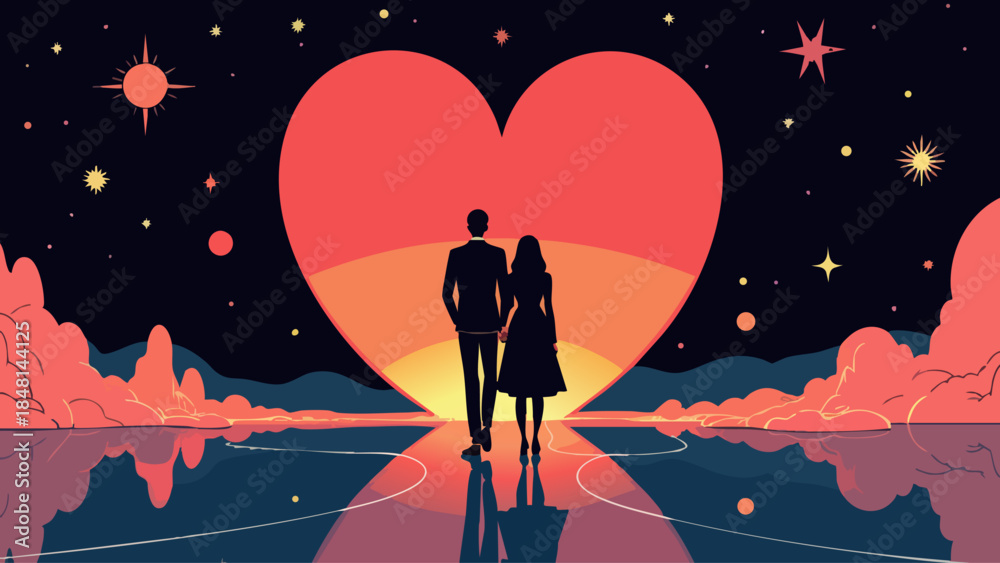 Obraz premium Silhouette of Couple Walking Through Heart Archway Under Starry Sky Vector Illustration