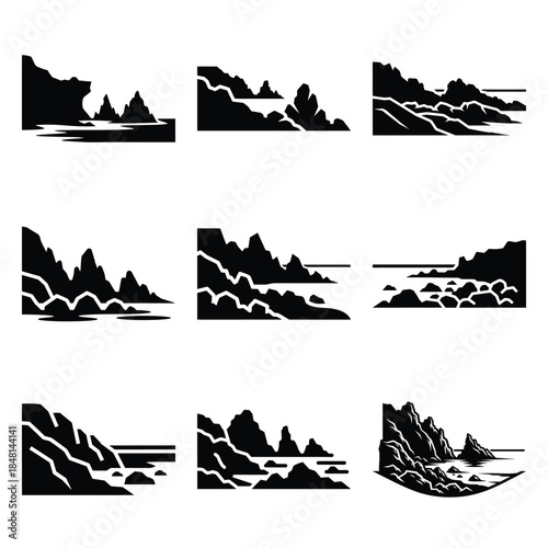 rocky shore silhouette icon set