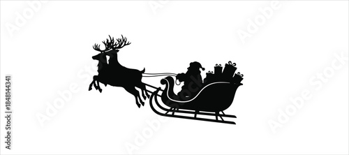 Santa Claus riding sleigh with reindeer, flying Christmas silhouette illustration, festive holiday scene, winter Christmas vector art, traditional Santa sleigh , Christmas silhouette of Santa   