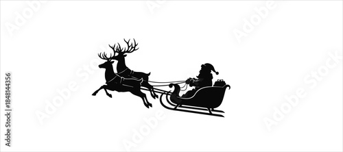 Santa Claus riding sleigh with reindeer, flying Christmas silhouette illustration, festive holiday scene, winter Christmas vector art, traditional Santa sleigh , Christmas silhouette of Santa   