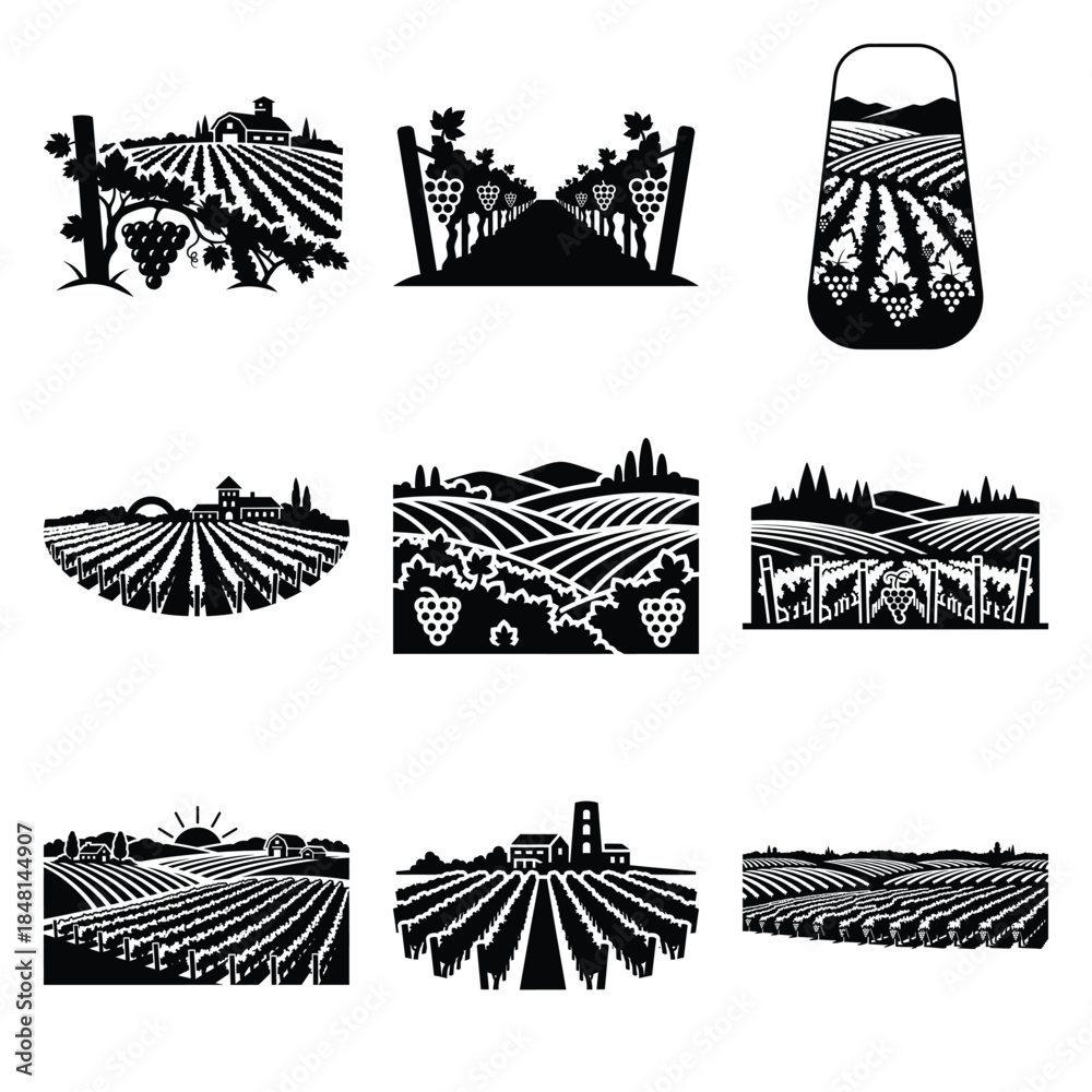 Fototapeta premium vineyard silhouette simple icon set