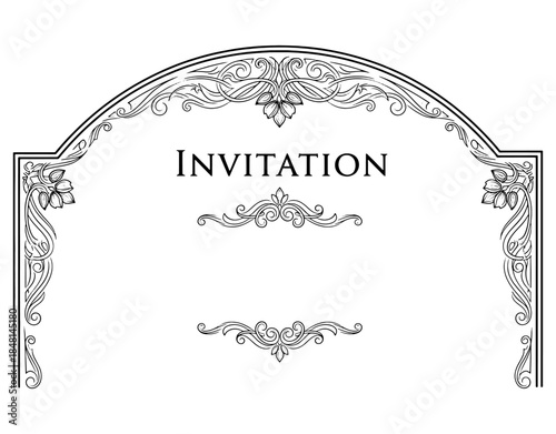 Vintage Ornate Arch Frame Invitation Template. Elegant Floral Engraving Border with Swirls and Decorative Dividers for Luxury Wedding or Formal Event Announcement Outline.