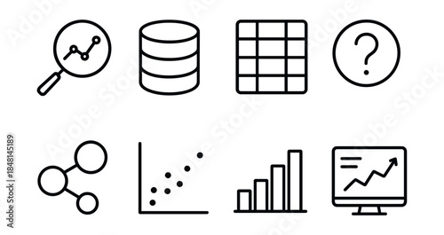 Data analysis and statistics line icons set