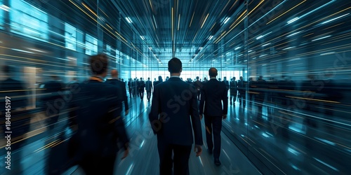 Business people move quickly through a futuristic, high-tech corridor, symbolizing progress, innovation, and the dynamic future of the corporate world.