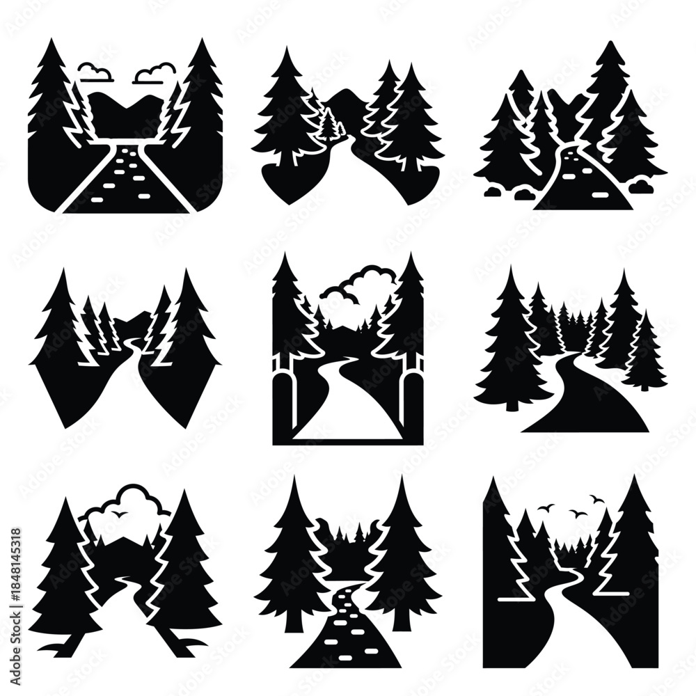 Obraz premium woodland path silhouette icon set