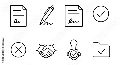 Business and Signing Outlined Icons Set