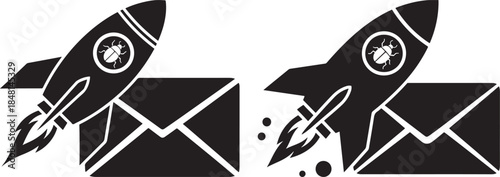 Rocket ship icon with bug symbol on mail envelope concept for fast email issue