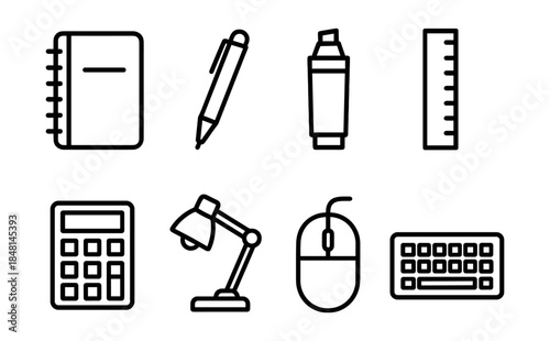 Office supplies line icons set