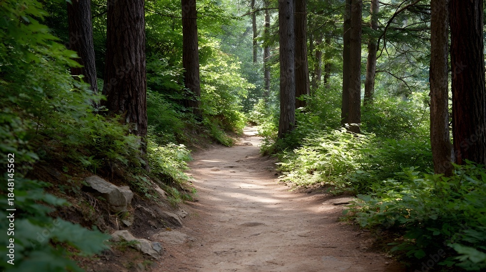 Fototapeta premium A tranquil forest path covered in dirt and stones illuminated by d d sunlight filtering through lush green trees