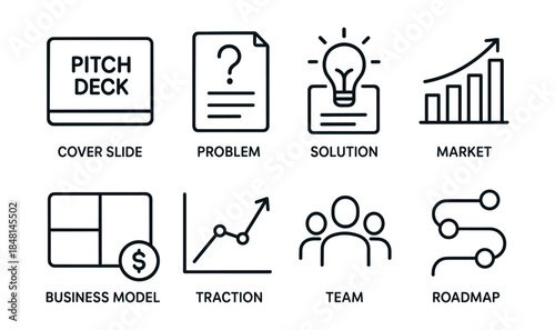 Pitch deck infographic line icons set