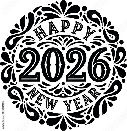 Ornamental Floral Happy New Year 2026 Circle Sign