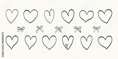 Heart and bow outline set for romantic designs, wedding stationery, love branding, greeting cards. Heart shapes suitable for Valentine themes, invitations, stickers and decorative layouts