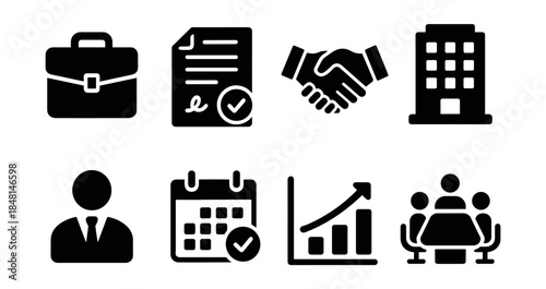 Business and organization black and white icons set