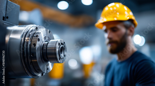 Faceless industrial worker operating CNC machine heavily defocused metal machining industry background anonymous technician with automated equipment manufacturing operation