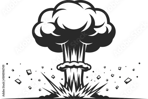 Black and white mushroom cloud explosion with debris
