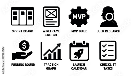 Project Management and Product Development Monochrome Icons Set
