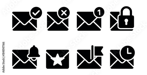 Email status black and white icons set