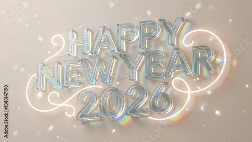 Happy New Year 2026 celebration with shiny silver letters and sparkling lights