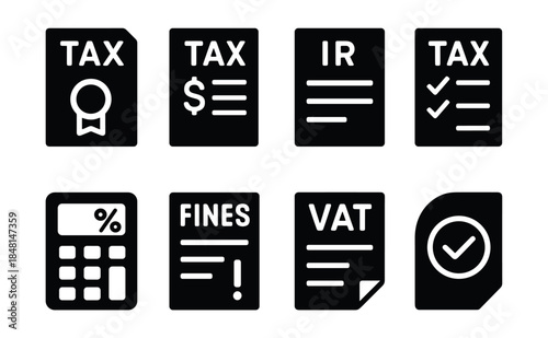 Taxation and finance black and white icons set
