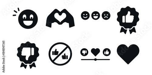 Emotions, feedback, and social reactions black and white icons set
