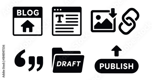 Blogging and Content Creation Monochrome Icons Set