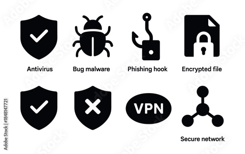 Cybersecurity black and white icons set