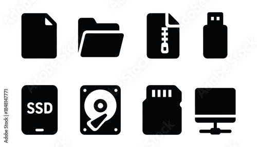 Digital storage and file format black and white icons set